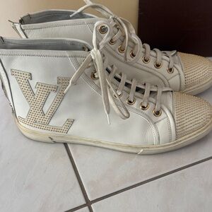 Louis Vuitton White and Gold Stud High-Top Sneakers